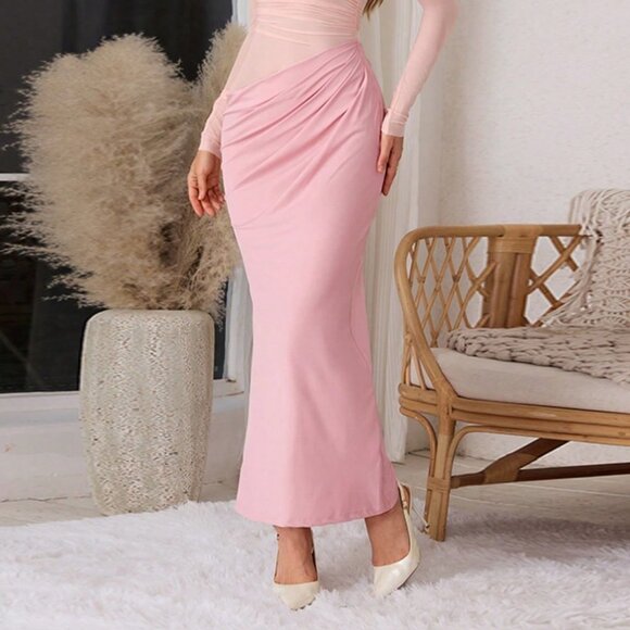 Pink Elegant Women's Off-Shoulder Mesh Hollow Out Maxi Sexy Fitted Dress - Picture 3 of 6